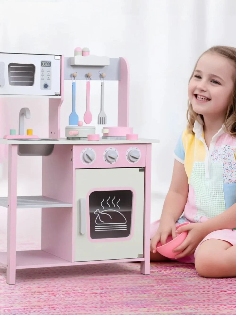 Kids Wooden Play Kitchen Set, Pink Pretend Cooking Toy with Accessories - Picture 6 of 16
